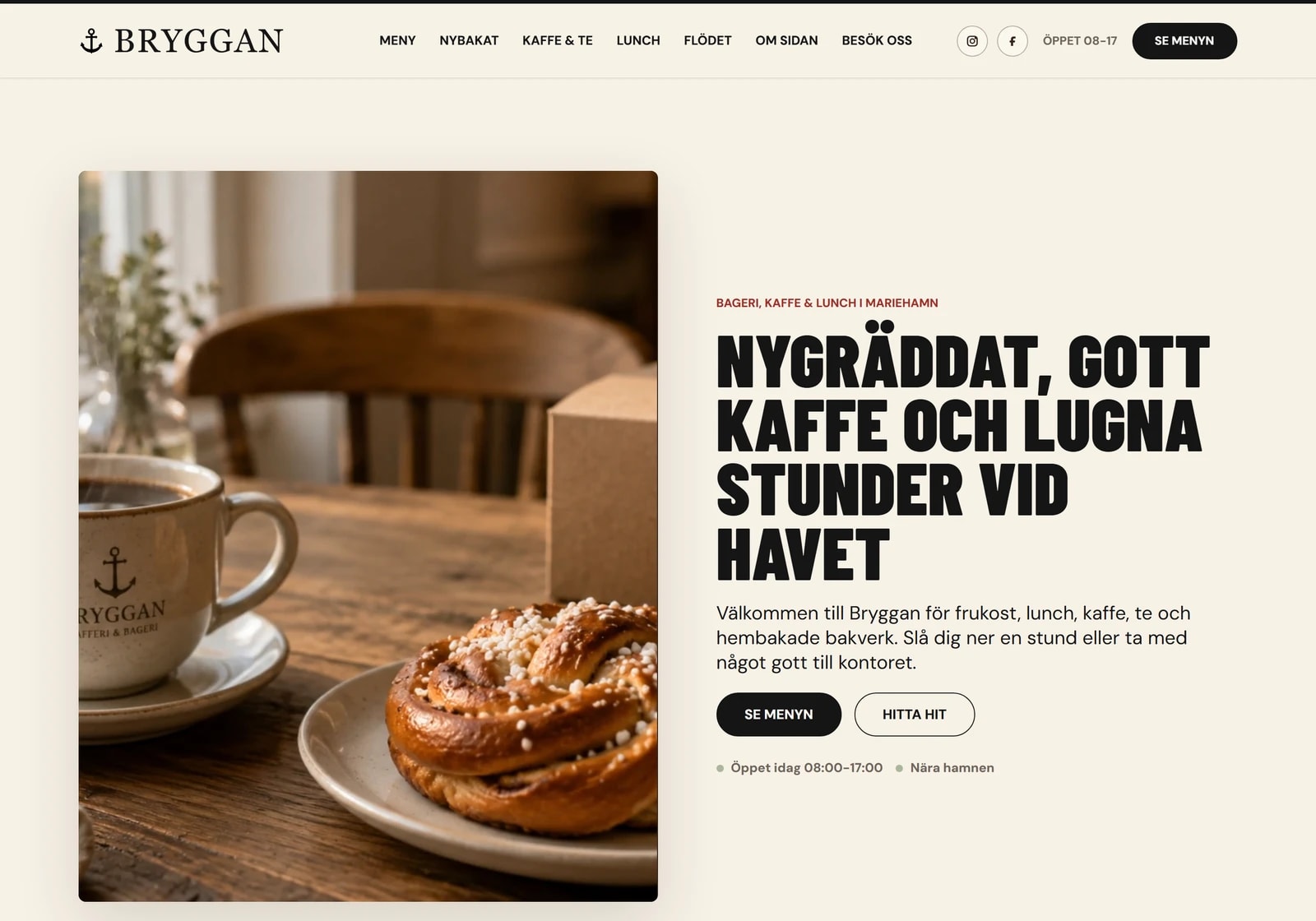 Bryggan, kafékoncept för Åland, demo av startsidan