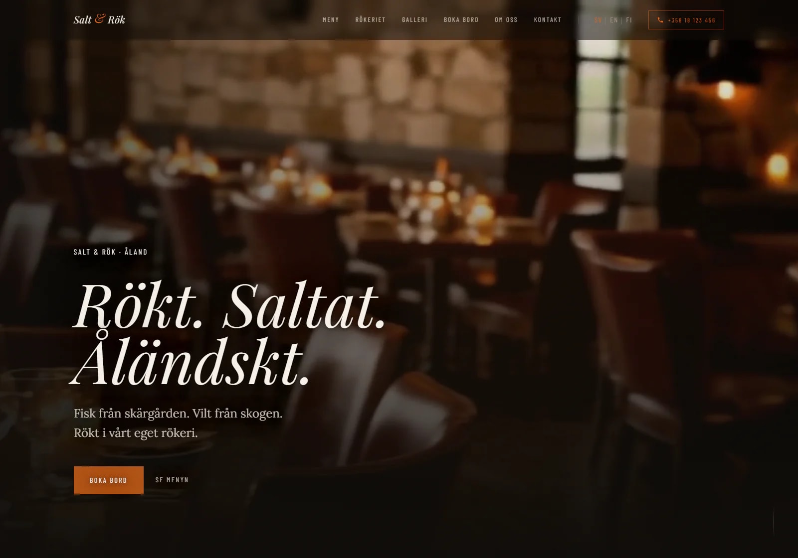 Salt & Rök, restaurangkoncept för Åland, demo av startsidan
