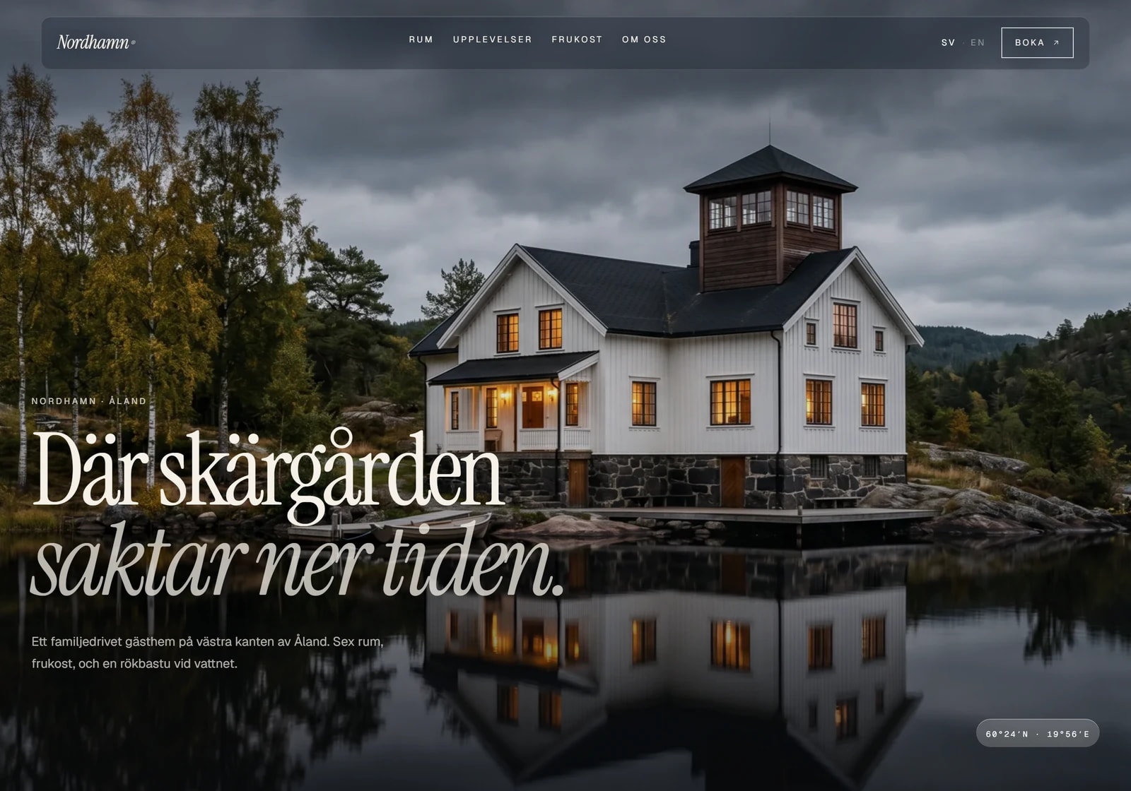 Nordhamn B&B, boendekoncept för Åland, demo av startsidan