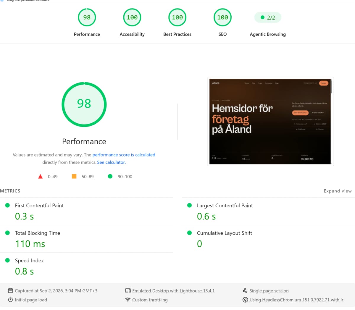 PageSpeed Insights test av upnorth.ax på desktop, körning 3