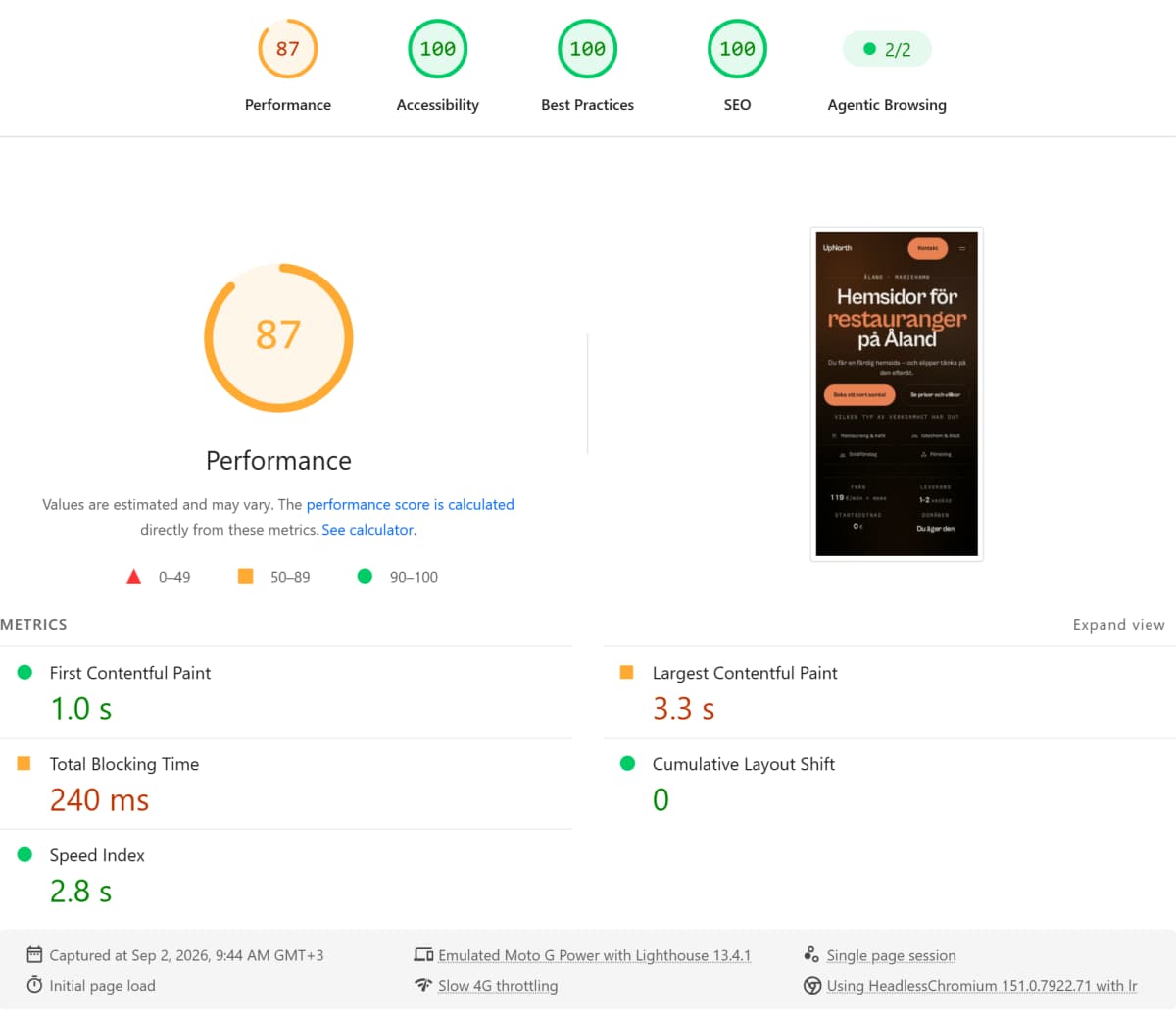 PageSpeed Insights test av upnorth.ax på mobil, körning 1