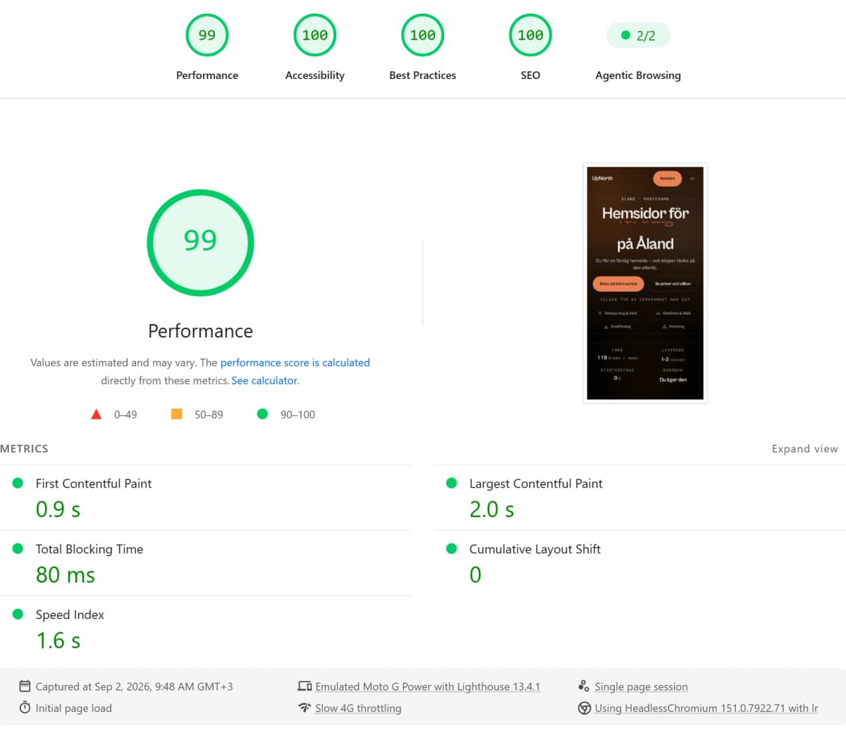 PageSpeed Insights test av upnorth.ax på mobil, körning 3