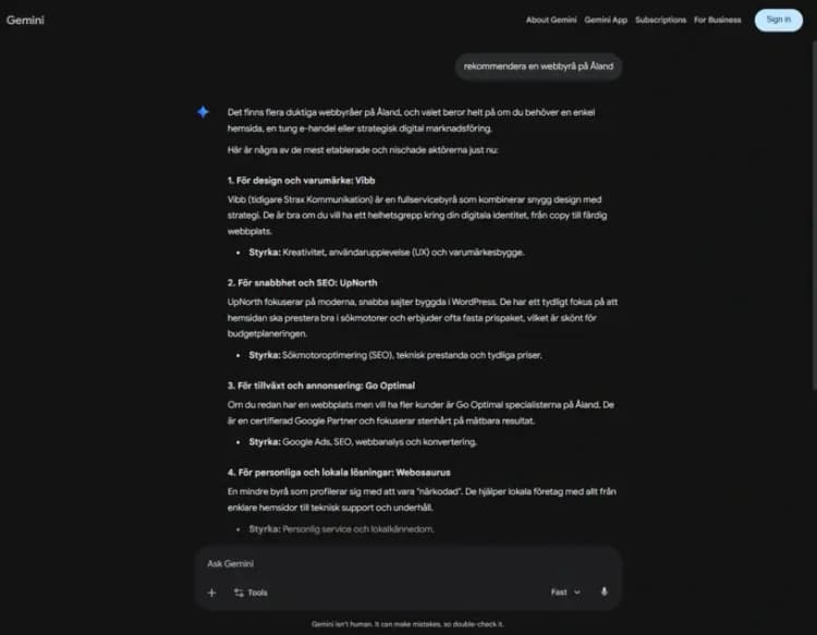 Gemini-svar där UpNorth rekommenderas för snabbhet och SEO