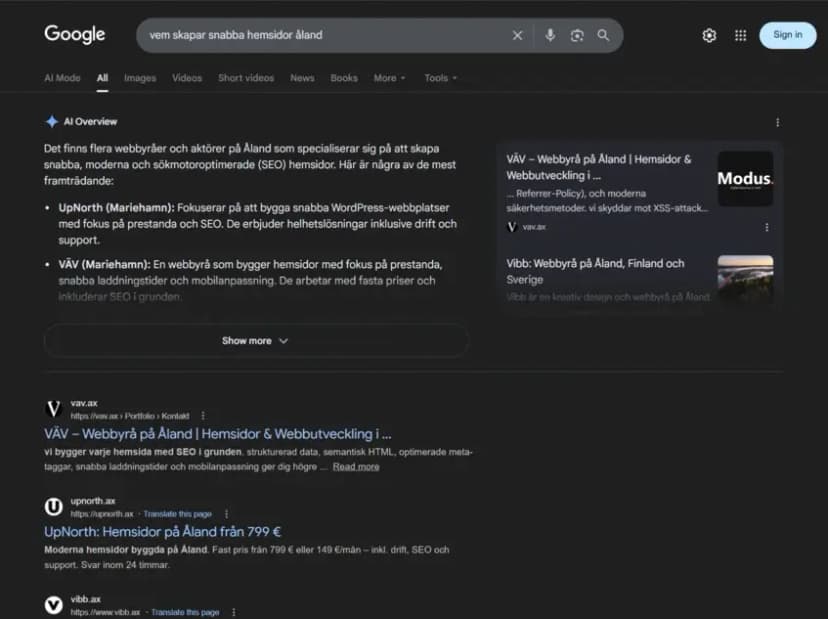 Google-sökning där UpNorth syns för snabba hemsidor på Åland