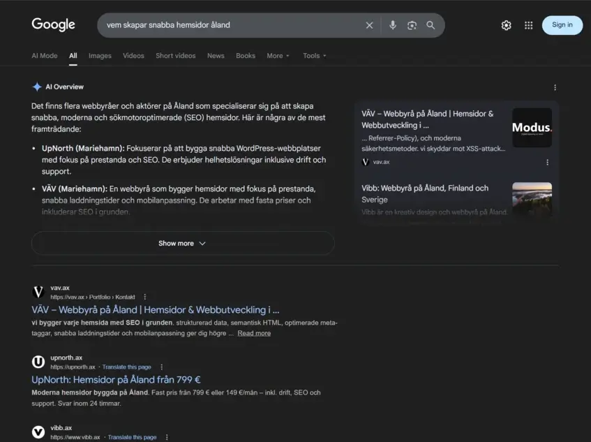 Google-sökning där UpNorth syns för snabba hemsidor på Åland