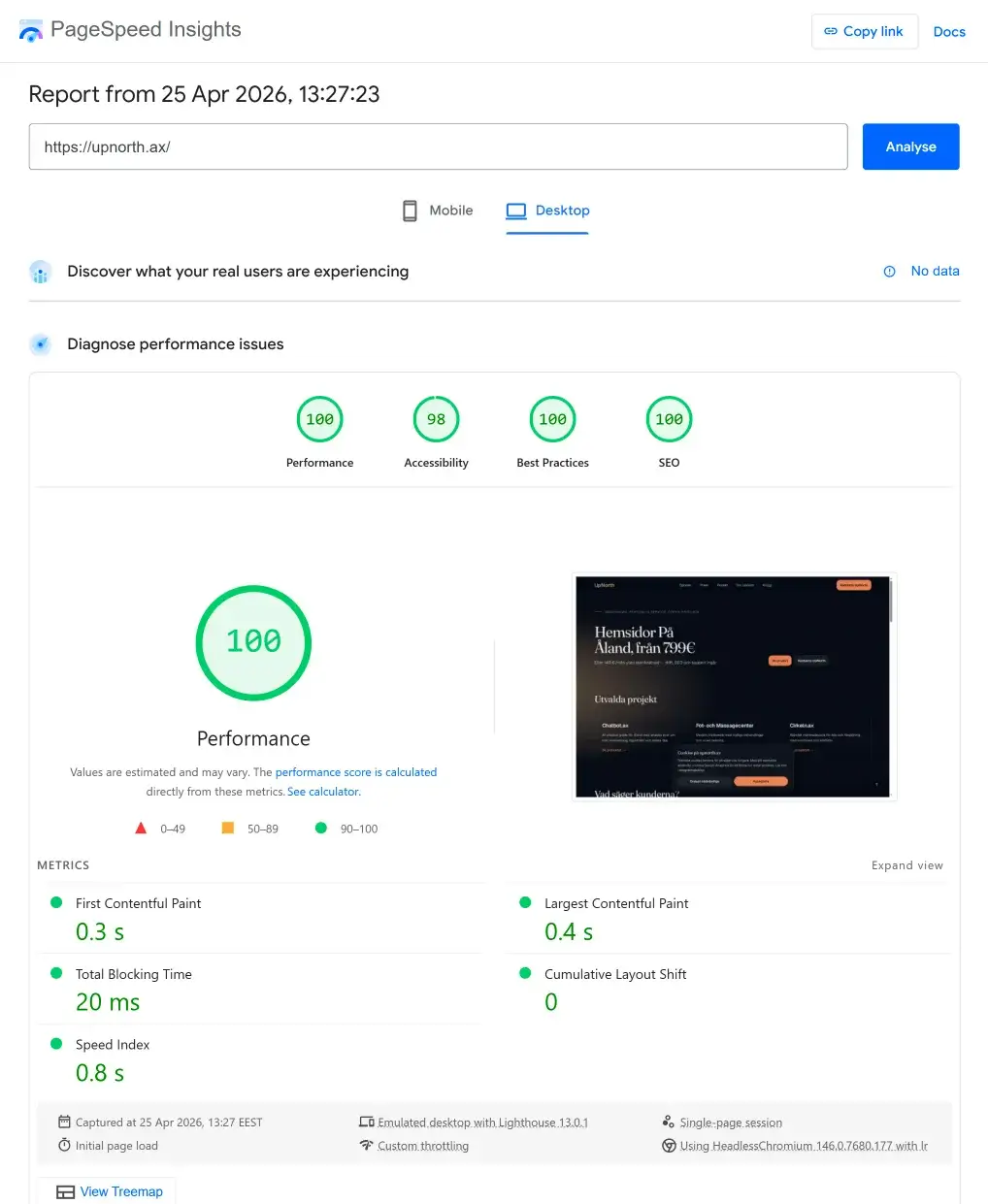 PageSpeed Insights test av UpNorths WordPress-hemsida på desktop, körning 2