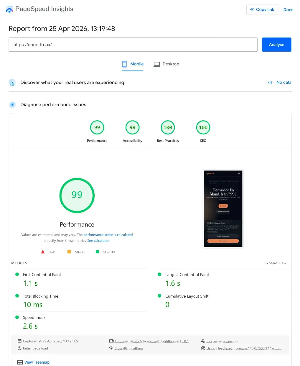 PageSpeed Insights test av UpNorths WordPress-hemsida på mobil, körning 1