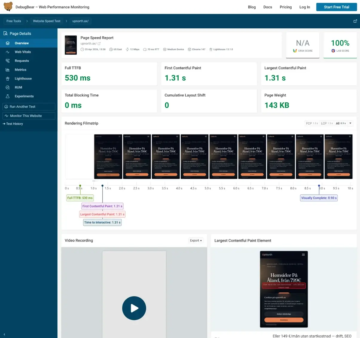 DebugBear hastighetstest av UpNorth med Lab Score 100 och sidvikt 143 KB