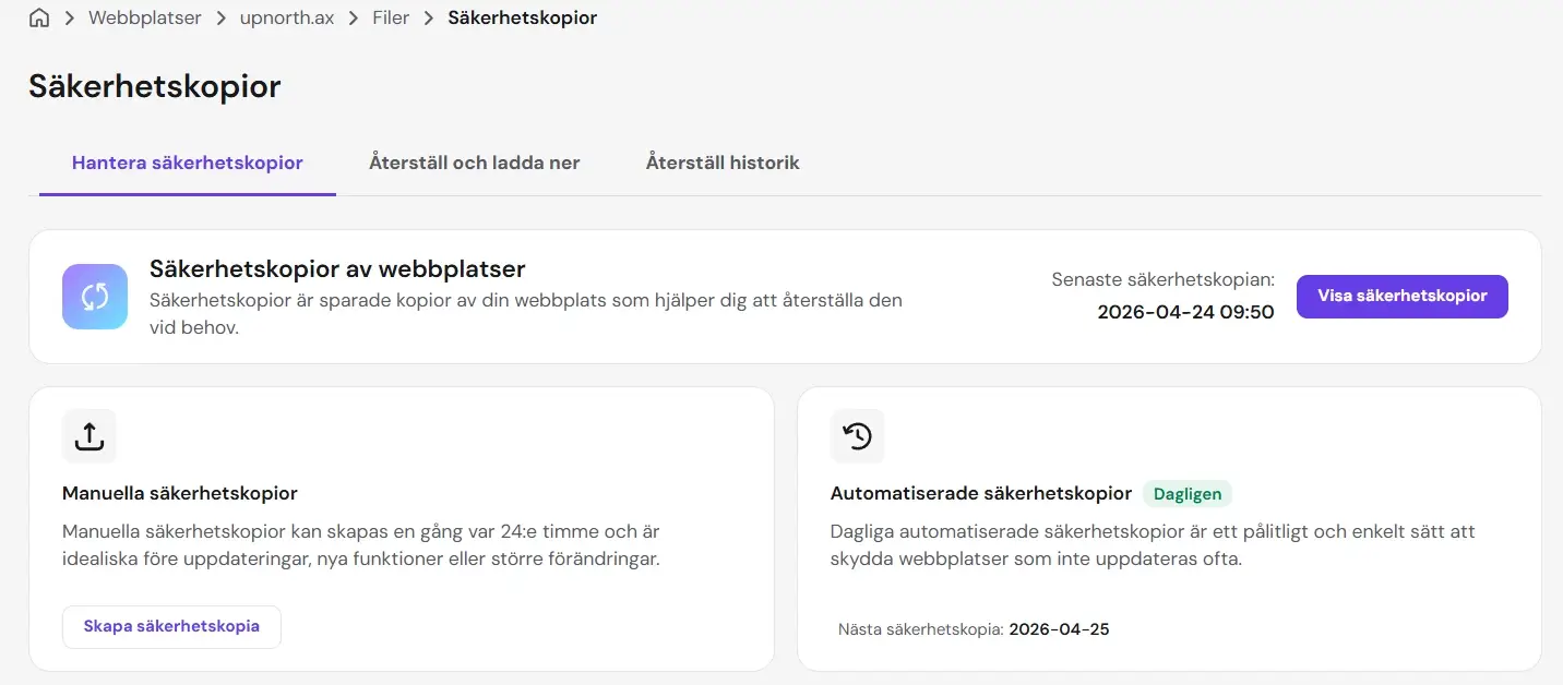 Hostinger säkerhetskopior med daglig automatiserad backup för upnorth.ax