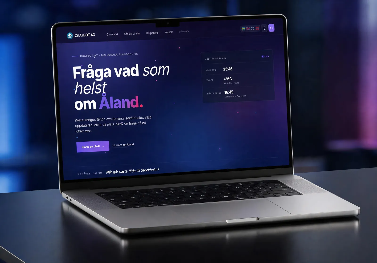 Chatbot.ax – AI-guide för Åland, startsidan i desktopvy