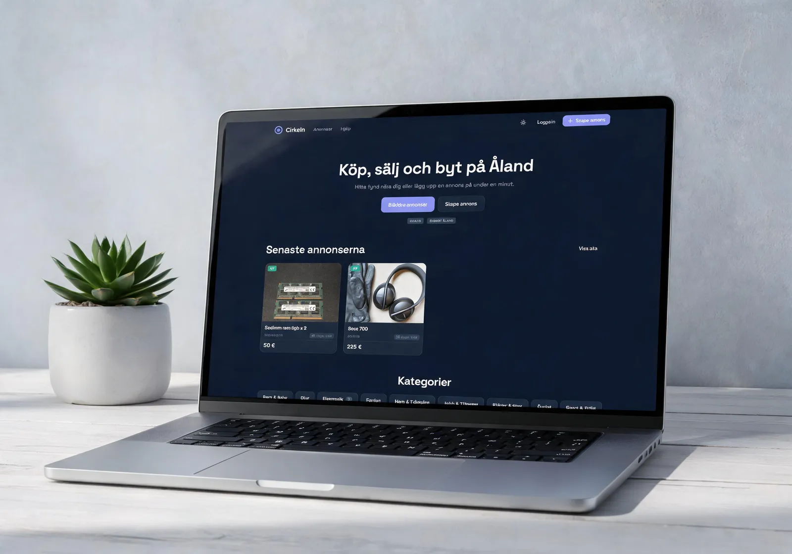 Cirkeln.ax – åländsk marknadsplats för köp och sälj, startsidan i desktopvy