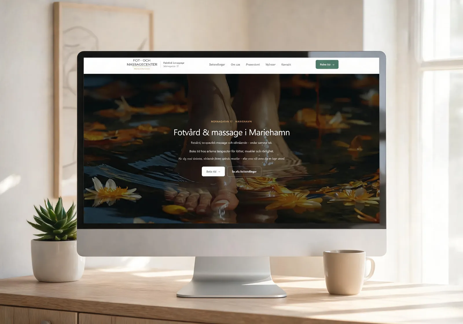 Fot- och Massagecenter – klinikwebb i Mariehamn, startsidan i desktopvy