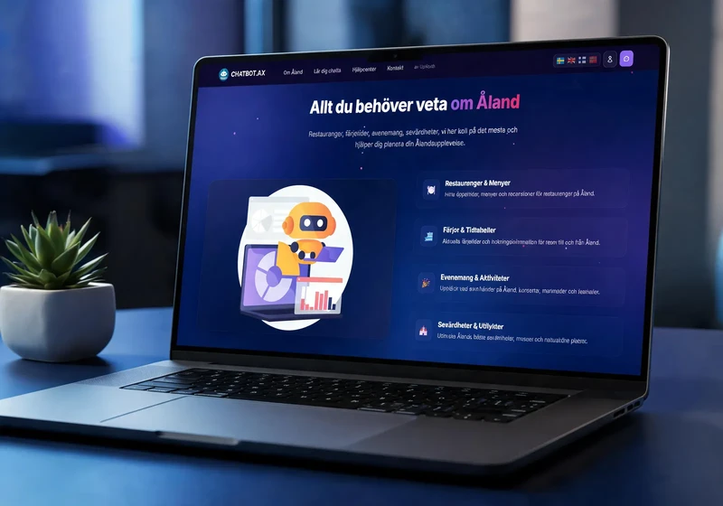Chatbot.ax desktopvy – ”Allt du behöver veta om Åland” med ämnen för restauranger, färjor, evenemang och sevärdheter