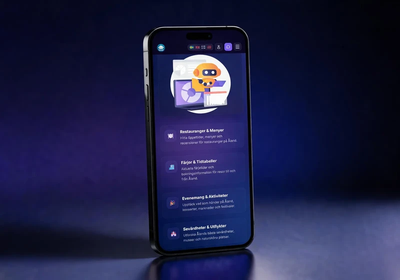 Chatbot.ax mobilvy – ämnesingångar för restauranger, färjor, evenemang och sevärdheter