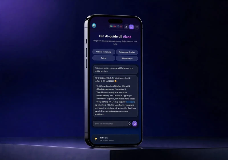 Chatbot.ax mobilvy – chattgränssnittet med svar om veckans evenemang i Mariehamn