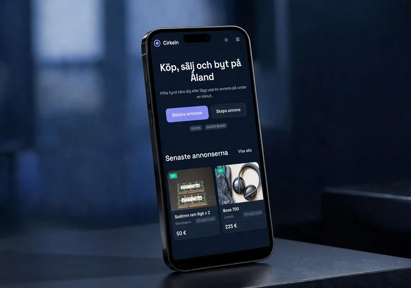 Cirkeln.ax mobilvy – startsidan ”Köp, sälj och byt på Åland” med senaste annonser