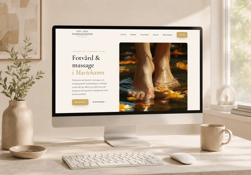 Fot- och Massagecenter – klinikwebb i Mariehamn, startsidan i desktopvy